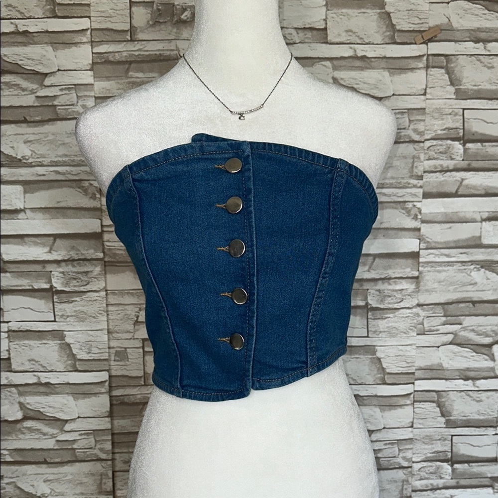 LA ARMARIO Small Denim Smocked Bustier Top